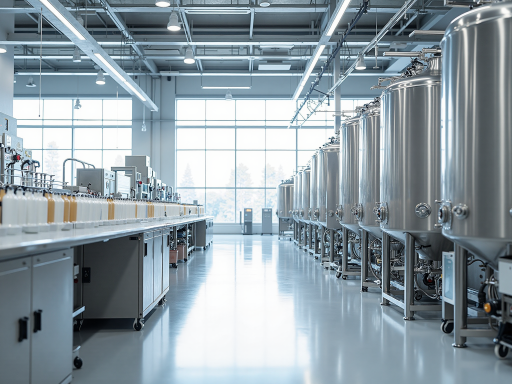 现代化食用油生产车间内部，整齐排列的生产设备，工作人员穿着工作服在操作设备，干净整洁的工业环境